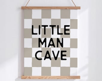 Little Man Cave Printable, Boys Nursery Decor, Nursery Quote, Checkerboard Print, Playroom Print,Beige Kids Room Decor, Toddler Room Decor