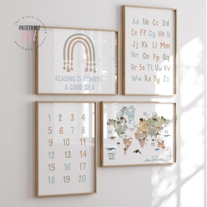 4er Set Klassenzimmer Poster Lernposter Vorschule Klassenzimmer Druck Lernposter Tier Wort Blau, Leseecke DIGITAL DOWNLOAD