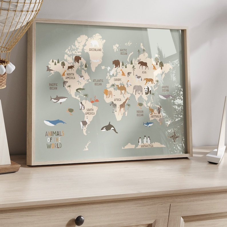 Animals World Map Kids Animal World Map Printable UPDATED Etsy