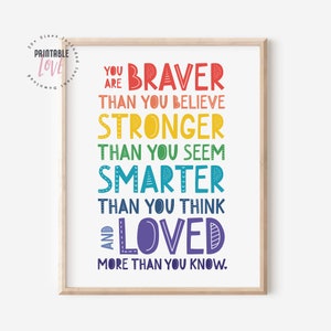 You are braver than you believe... Winnie the Pooh Quote: Nursery Decor, Inspirational Quote Kids Wall Art, A.A. Milne Inspirational Kids