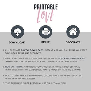 May include: Printable Love graphic with instructions for downloading, printing, and decorating. The graphic features a cloud with a download arrow, a printer, and a house.