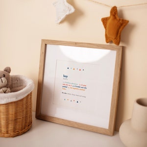 K&ouml;nnte beinhalten: Ein gerahmter Druck mit wei&szlig;em Hintergrund und braunem Holzrahmen. Der Druck zeigt das Wort "boy" in blauer Schrift mit einer Definition in kleinerer Schrift darunter. Die Definition umfasst die W&ouml;rter "furchtloser Abenteurer", "L&auml;rm mit Dreck darauf", "liebenswerter und alberner Trottel" und "neugieriger Unfugmacher".