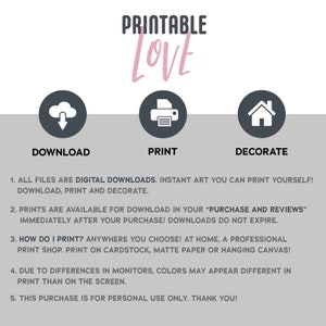 May include: Printable Love graphic with instructions for downloading, printing, and decorating. The graphic features a cloud with a download arrow, a printer, and a house.