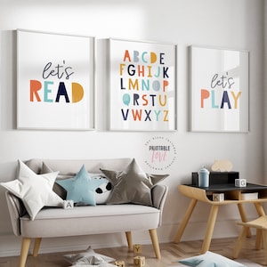 Set of 3 Playroom Printable Art, Kids Room Decor, Let&#39;s Read Let&#39;s Play, Nursery Print Set, Playroom Decor