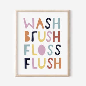 Wash Brush Floss Flush Print, Kids Bathroom Wall Art, Children&#39;s Bathroom Rules, Bathroom Printable Art