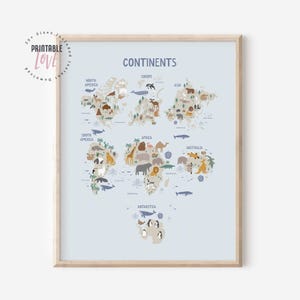 Tiere Weltkarte, Kontinente Kinder Tiere Weltkarte druckbare, AKTUALISIERTE Weltkarte Kinderzimmer Wandkunst, Lernposter, Klassenzimmer Karte Poster