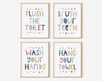 Bathroom Art Set, Kids Bathroom Sets, Flush the Toilet, Brush Your Teeth, Wash Your Hands, Hang Your Towel, Bathroom Rules Set
