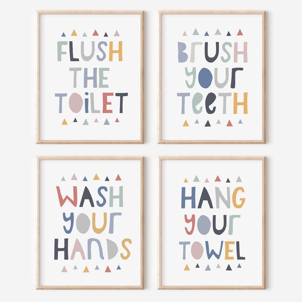 Bathroom Art Set, Kids Bathroom Sets, Flush the Toilet, Brush Your Teeth, Wash Your Hands, Hang Your Towel, Bathroom Rules Set