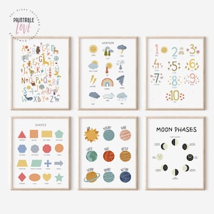 Juego de 6 láminas para pared de aula, póster del alfabeto, póster educativo, imprimible para educación en casa, póster ABC 123, fases lunares del clima, impresión para sala de juegos