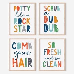 Kids Bathroom Art Set, Potty Like a Rockstar, Scrub a Dub Dub, Comb Your Hair, So Fresh and So Clean, Printable Bathroom Rules