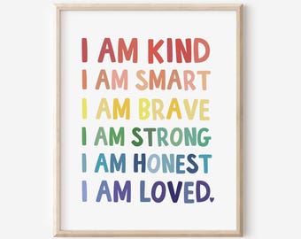 Kids Affirmation Printable Art: I Am Kind Smart Brave Strong Honest Loved, Kids Word Art, Kids Nursery Decor