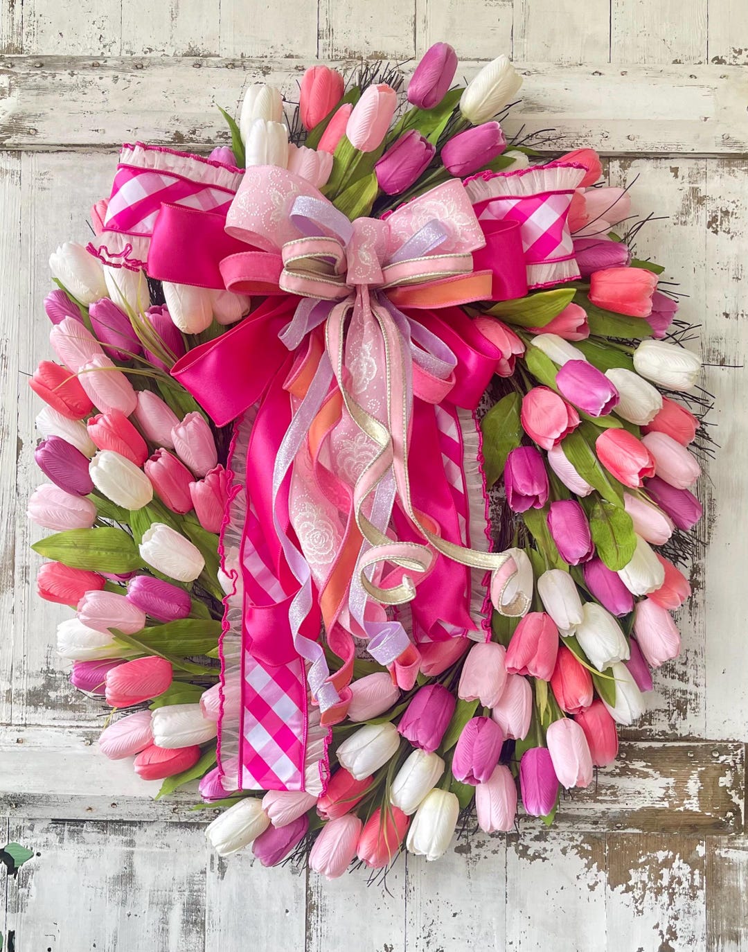 Pink Tulip Wreath: Spring Easter Door Decor With Ribbon Bow - Etsy