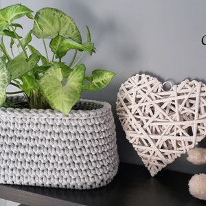 May include: A gray crocheted planter with a green leafy plant inside. The planter is on a shelf with a white wicker heart and a teddy bear wearing a green hat.