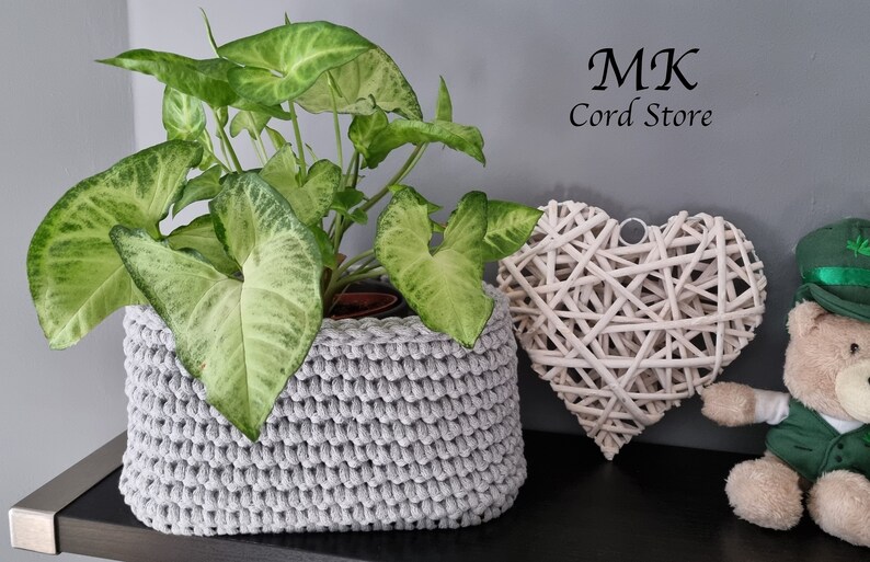 May include: A gray crocheted planter with a green leafy plant inside. The planter is on a shelf with a white wicker heart and a teddy bear wearing a green hat.