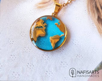 Blue earth necklace made of resin for who loves the earth and traveling all around the world, world map necklace