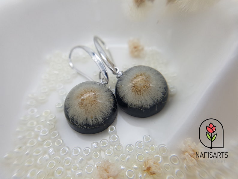 Handmade resin earrings with wild dandelion flowers and real Platinum Plated hooks an amazing gift for you or your beloved one