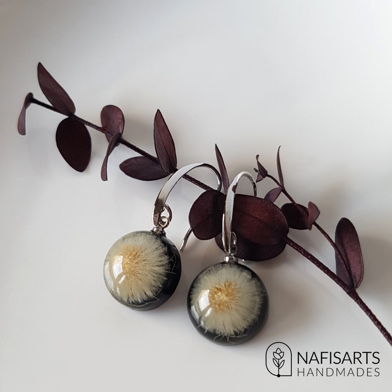 Handmade resin earrings with wild dandelion flowers and real Platinum Plated hooks an amazing gift for you or your beloved one