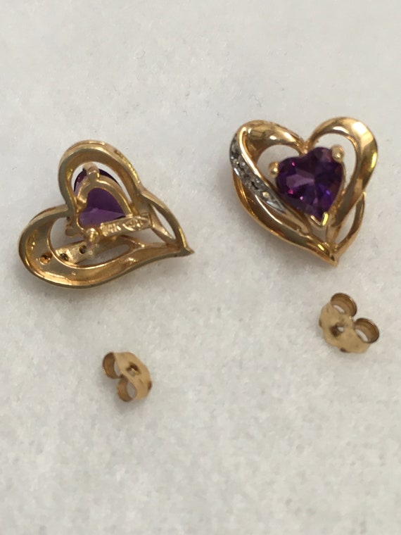 Vintage Gold Heart Earrings with Amythest Gemstone - image 3