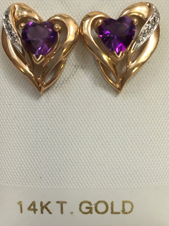 Vintage Gold Heart Earrings with Amythest Gemstone - image 2