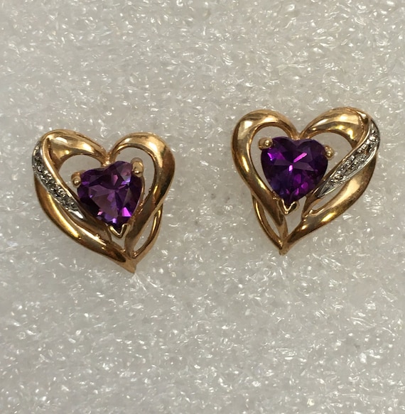 Vintage Gold Heart Earrings with Amythest Gemstone - image 1