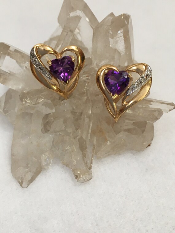 Vintage Gold Heart Earrings with Amythest Gemstone - image 4