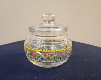 KIG Indonesia Clear Glass Canister Candy Jar w/Lid Flowers Spring Floral Pattern