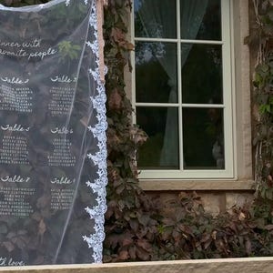 Letrero rectangular de encaje con plano de asientos y velo, letrero de tela transparente