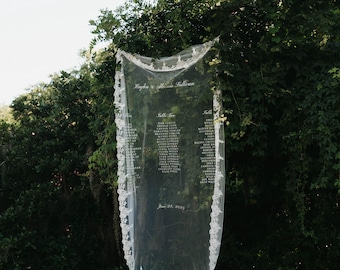 Seating Chart Veil Sign Welcome Fabric Sign, Sheer Sign, Wedding Veil, fabric sign, Custom Wedding Welcome Sign, Personalized Lace Edge Sign