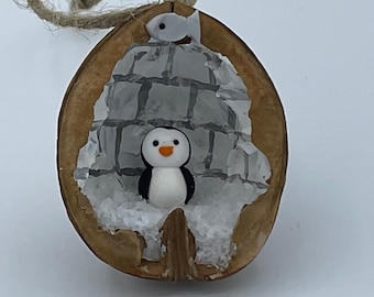 Penguin in an igloo Nutshell, handmade Walnut Shell Christmas decoration