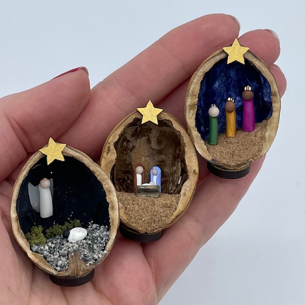 Nativity In A Nutshell, set of three handmade Walnut Shell decorations