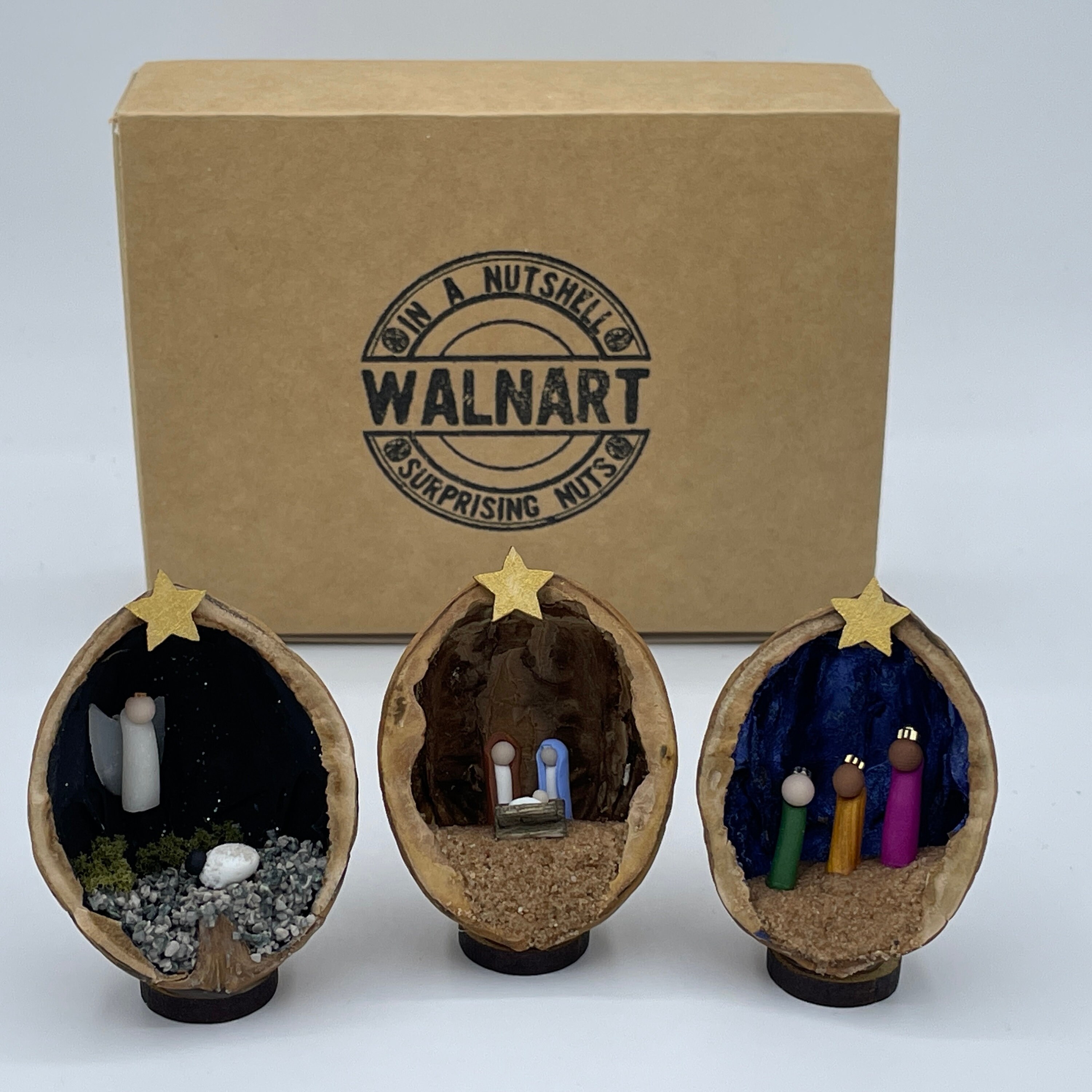 Nativity In A Nutshell Set of 3 Handmade Walnut Shell Scenes