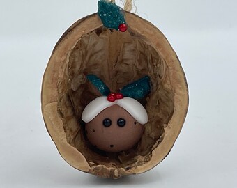 Christmas Pudding in a Nutshell, handmade Walnut Shell Christmas decoration