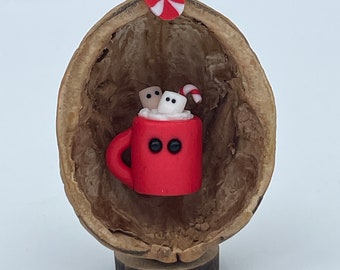 Hot Chocolate with Marshmallows in a Nutshell, handmade Walnut Shell Christmas decoration
