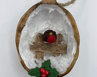 Robin in a Nutshell, handmade Walnut Shell Christmas decoration