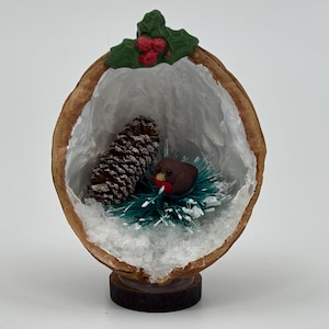 May include: A hollowed-out walnut shell ornament featuring a miniature brown bird with a red chest sitting in a teal nest next to a small pinecone. The interior is lined with white faux snow, and the top is decorated with green holly leaves.