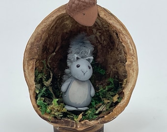 Grey Squirrel in a Nutshell, handmade Walnut Shell decoration