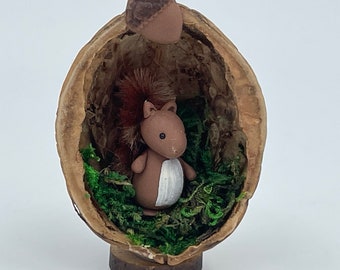 Red Squirrel in a Nutshell, handmade Walnut Shell decoration