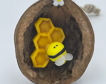 Bee and honeycomb in a Nutshell, handmade Walnut Shell decoration