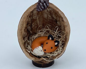 Fox in a Nutshell - handmade Walnut Shell decoration
