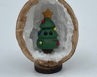 Christmas Tree in a Nutshell, handmade Walnut Shell Christmas decoration