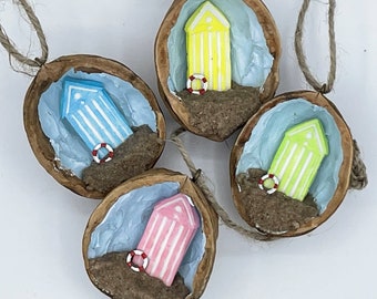 Beach Hut in a Nutshell, handmade Walnut Shell decoration - hanging