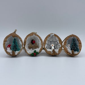 Walnut Shell Handmade Christmas Decorations, Set of Four - Penguin, Robin, Santa, Snowman