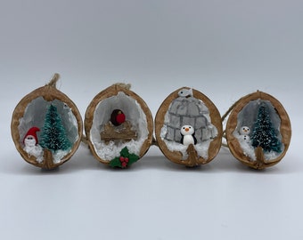 Walnut Shell Handmade Christmas Decorations, Set of Four - Penguin, Robin, Santa, Snowman