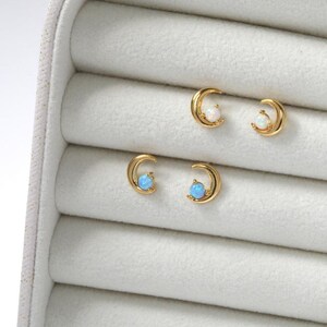 925 Silver White Opal and Blue Opal Gold Moon Stud Earrings, 18K Gold Plated Earrings in 925 Silver, Hypoallergenic Dainty Earrings.