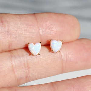 925 Silver Delicate Opal Heart Stud Earrings, 18K Gold Plated Opal Heart Stud Earrings in 925 Silver, Hypoallergenic Opal  Dainty Earrings.