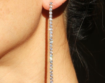 72mm  High quality Long tennis Rhinestone Bar Strip Dangle Earrings, 18K Gold plated over 925 silver  Earrings, cubic zirconia bar earrings
