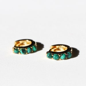 18K Gold Plated Malachite Huggie Earrings: 925 Silver