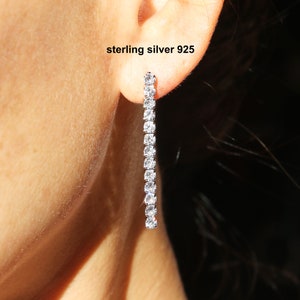 Cubic Zirconia Tennis Drop Earrings: Sterling Silver 925, Gold Plated