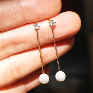 Cubic Zirconia Pearl Dangle Earrings, pearl drop earrings, gold-plated earrings in 925 silver