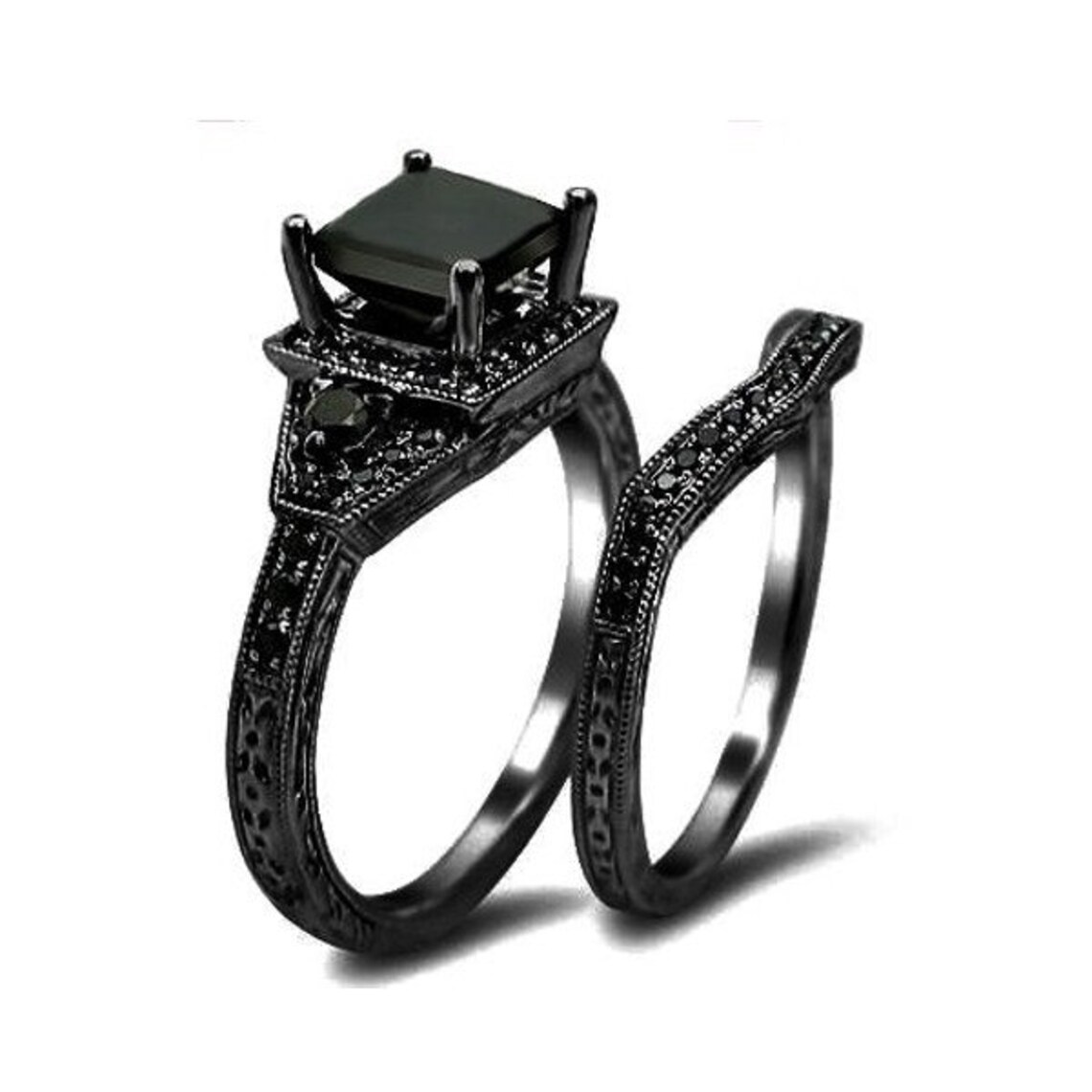 Cushion Cut Black Diamond Wedding Ring Engagement Bridal Set Etsy